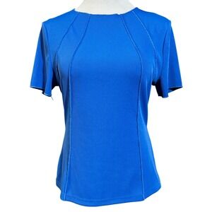 KIRUNDO Womens Large Blue Ribbed Short Sleeve Top Boho Casual Seam Detail